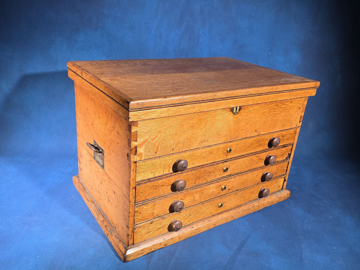 Antique Oak Tool Chest with Four Drawers, Hinged Lid, and Dovetail Joinery