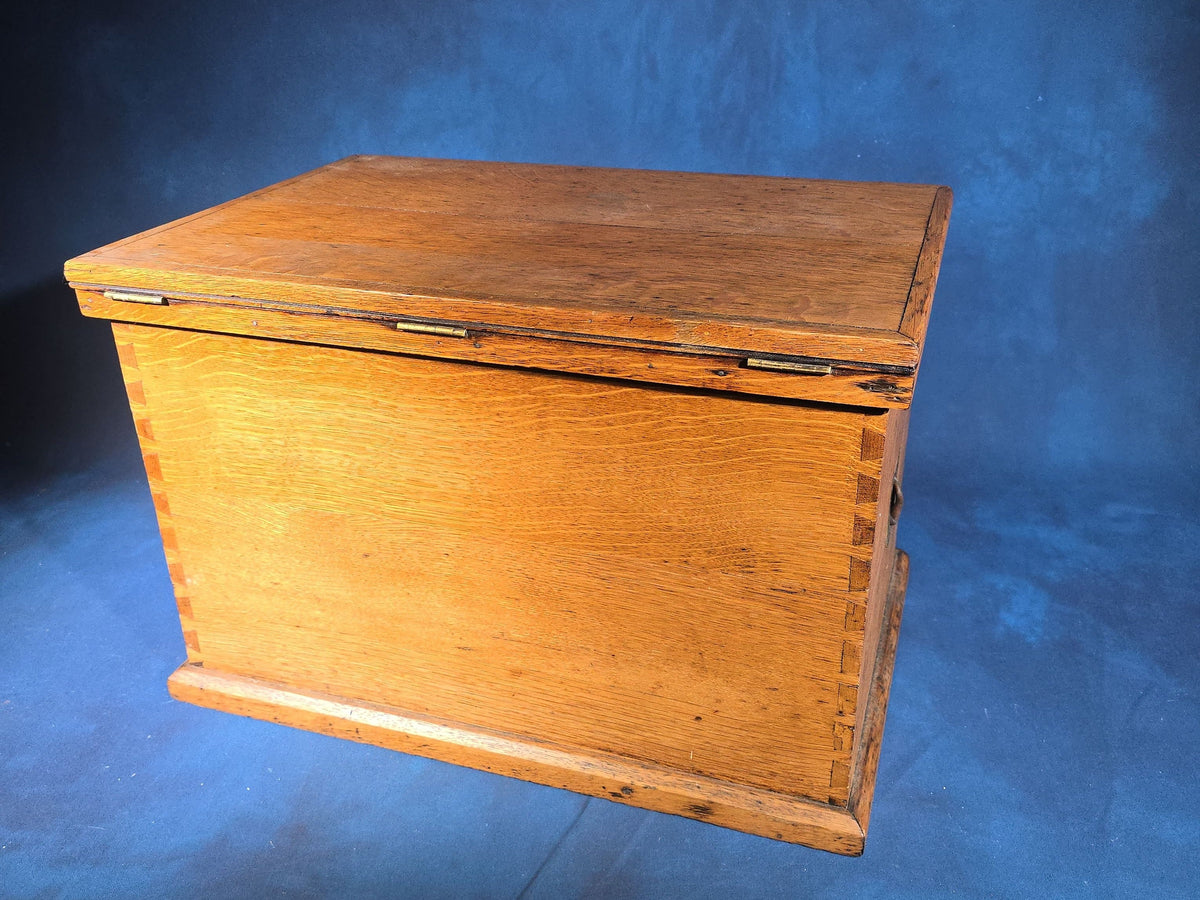 Antique Oak Tool Chest with Four Drawers, Hinged Lid, and Dovetail Joinery