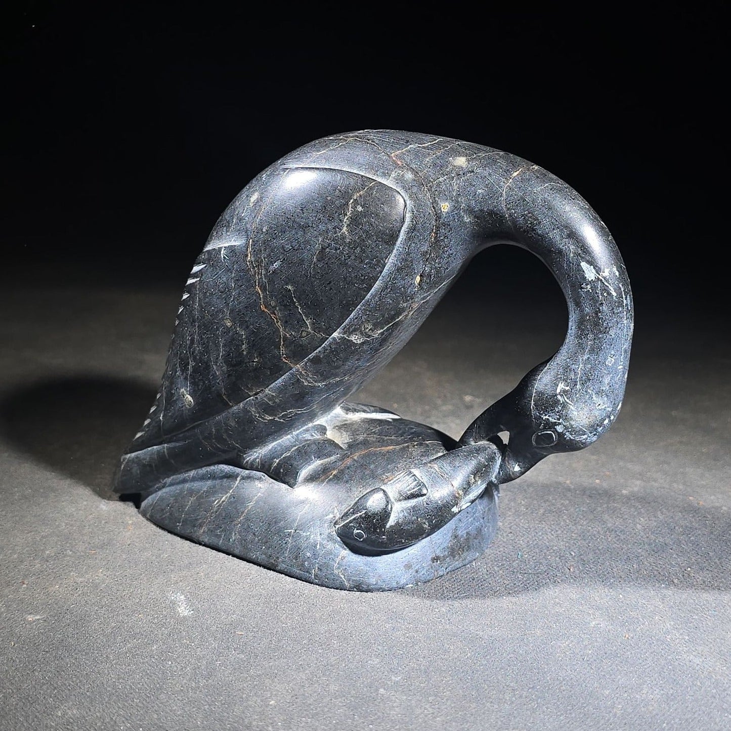 Vintage Inuit Soapstone Carving of a Preening Bird with Inuktitut Syllabics and Igloo Tag