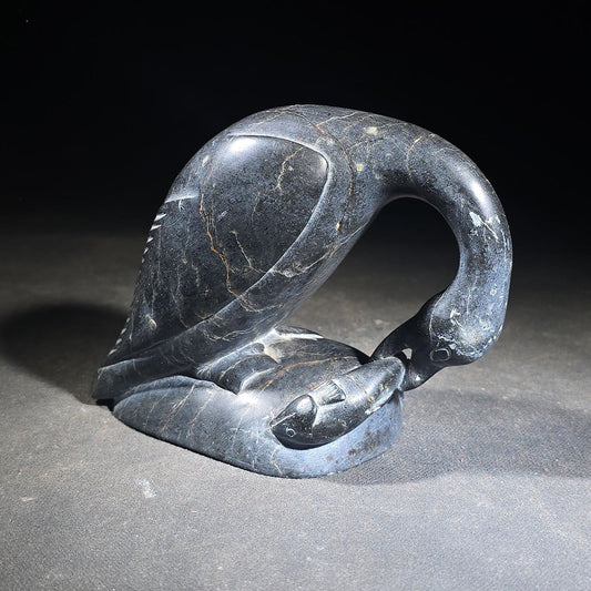 Vintage Inuit Soapstone Carving of a Preening Bird with Inuktitut Syllabics and Igloo Tag