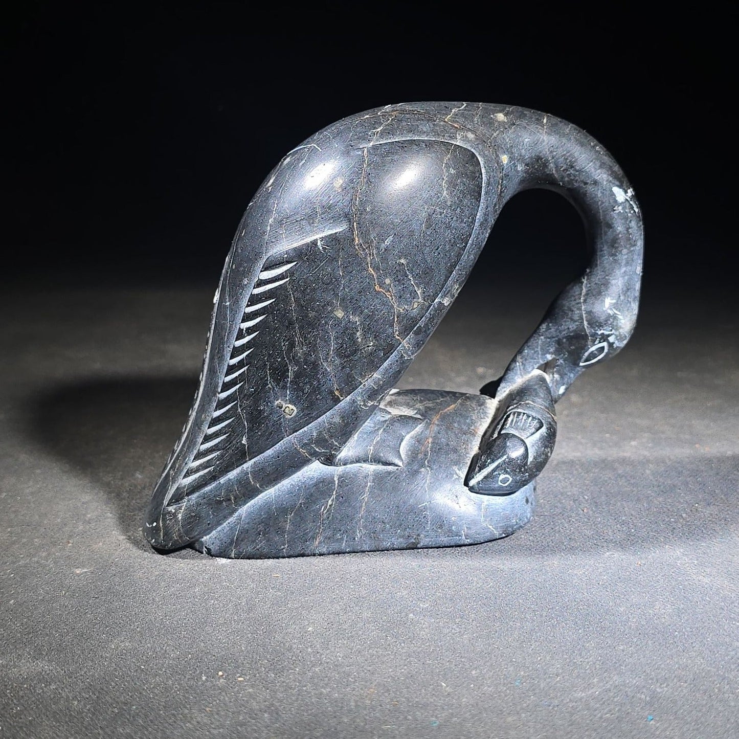 Vintage Inuit Soapstone Carving of a Preening Bird with Inuktitut Syllabics and Igloo Tag
