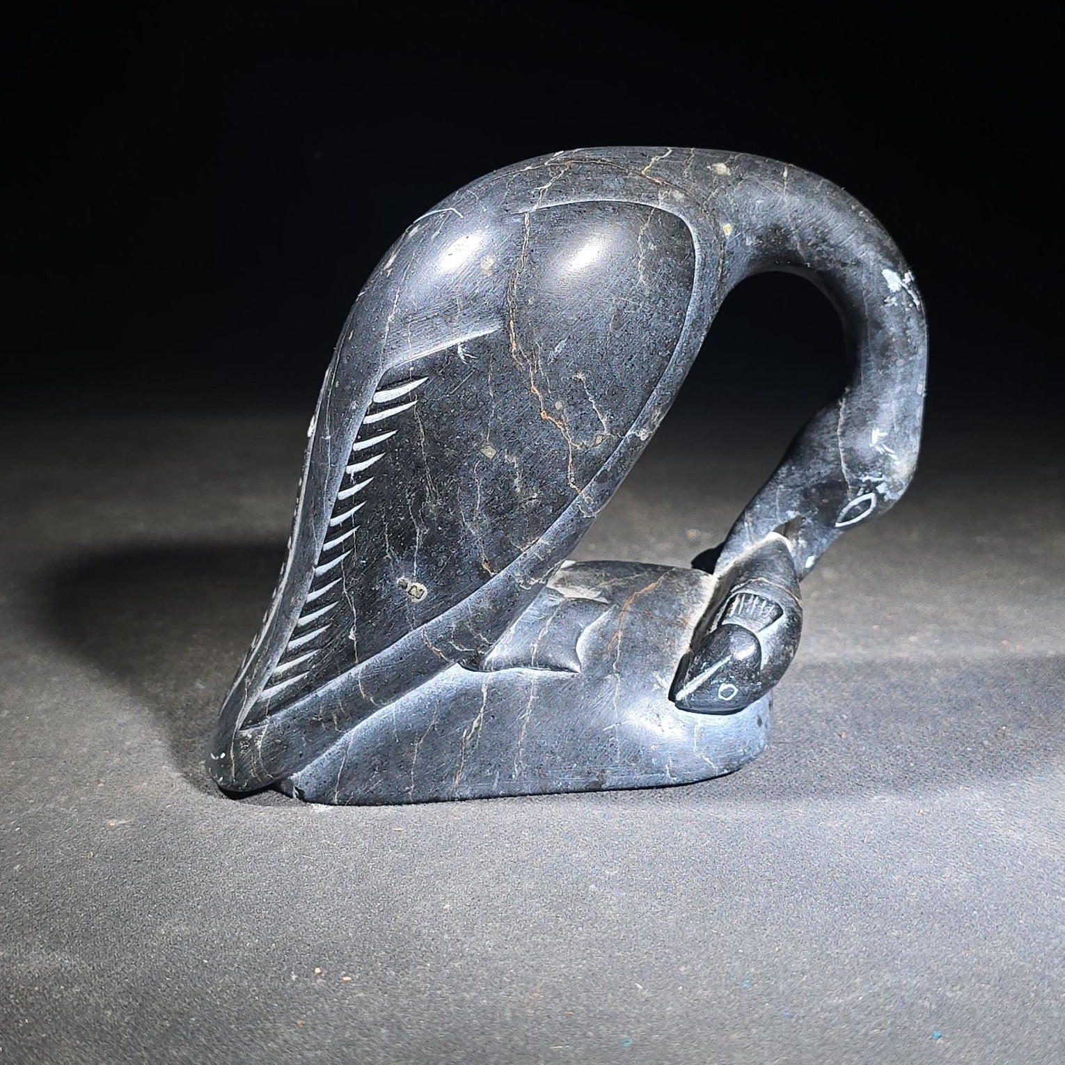 Vintage Inuit Soapstone Carving of a Preening Bird with Inuktitut Syllabics and Igloo Tag