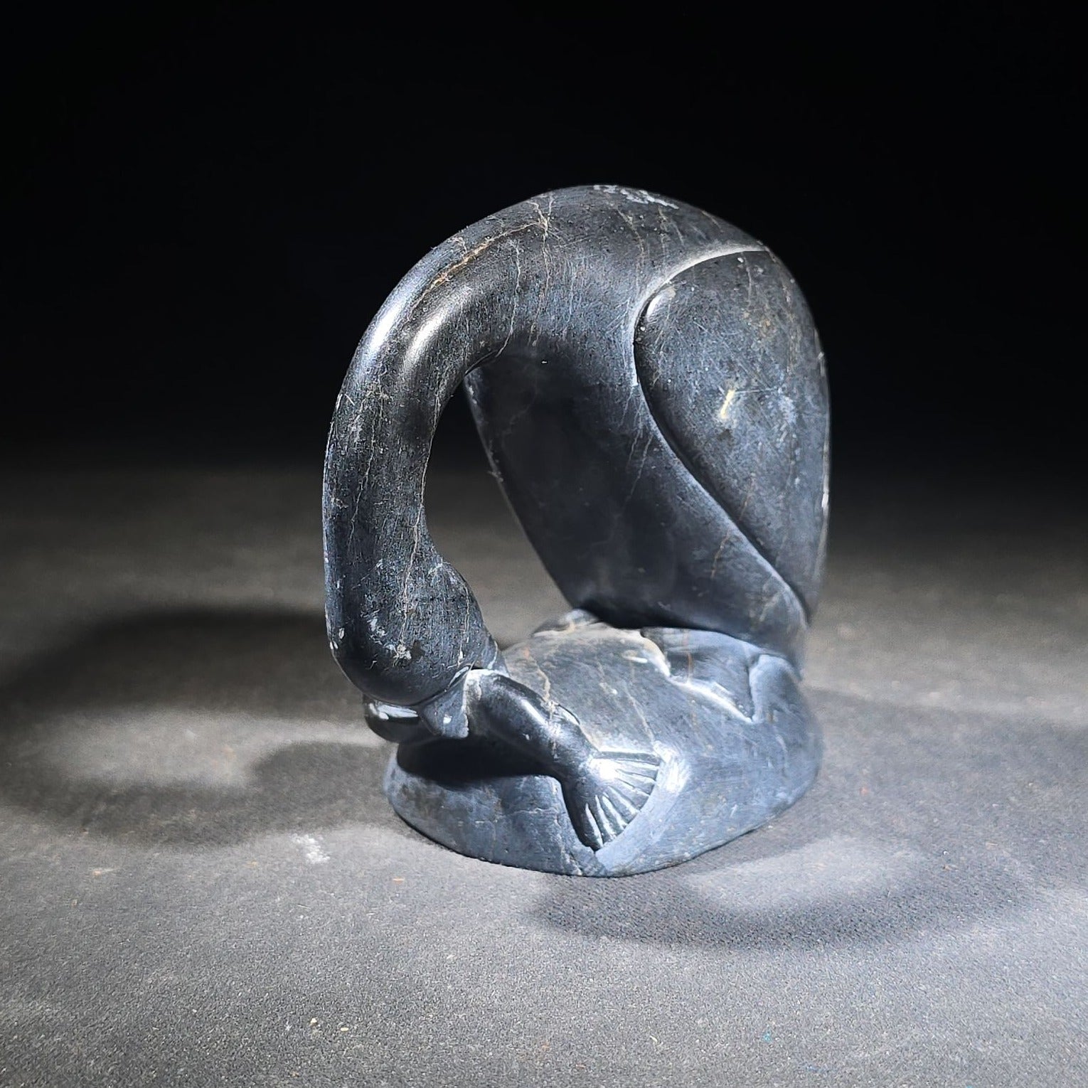 Vintage Inuit Soapstone Carving of a Preening Bird with Inuktitut Syllabics and Igloo Tag
