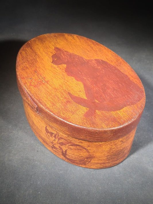 Vintage Oval Bentwood Box with Swallowtail Joints and Painted Cat Motifs
