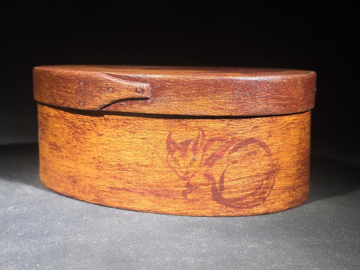 Vintage Oval Bentwood Box with Swallowtail Joints and Painted Cat Motifs