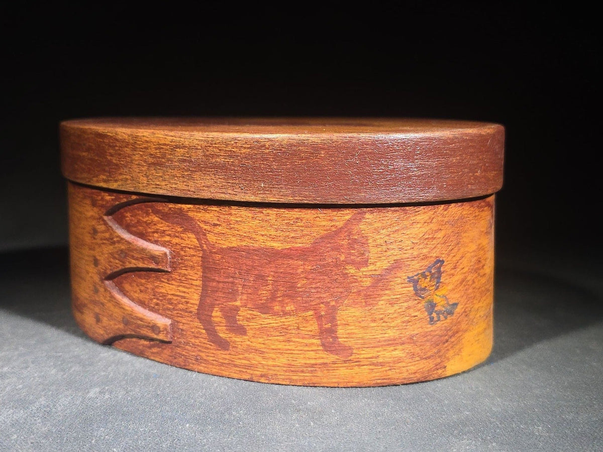 Vintage Oval Bentwood Box with Swallowtail Joints and Painted Cat Motifs