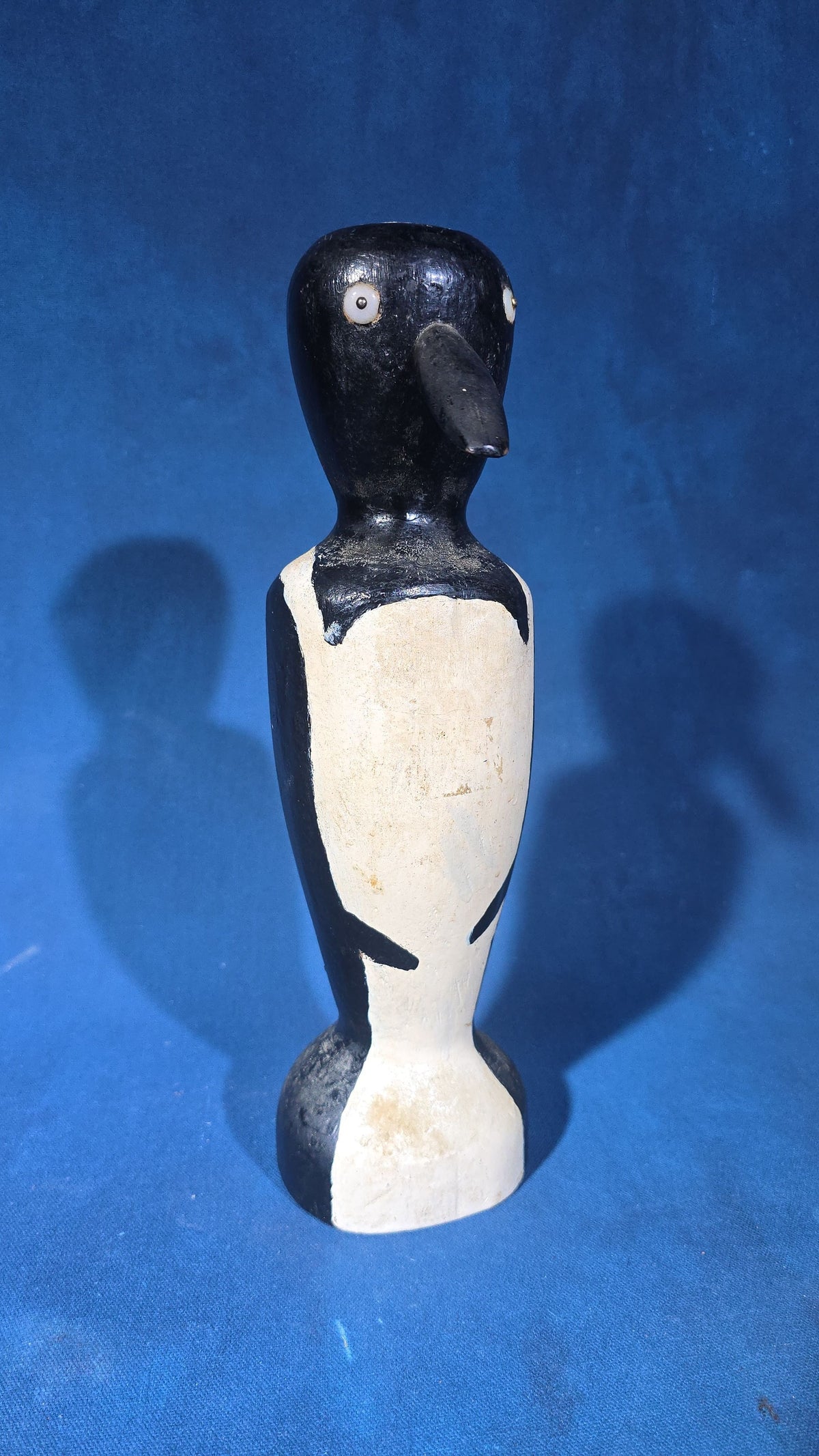 Vintage Folk Art Hand-Carved Wooden Penguin Figure with Tack Eyes