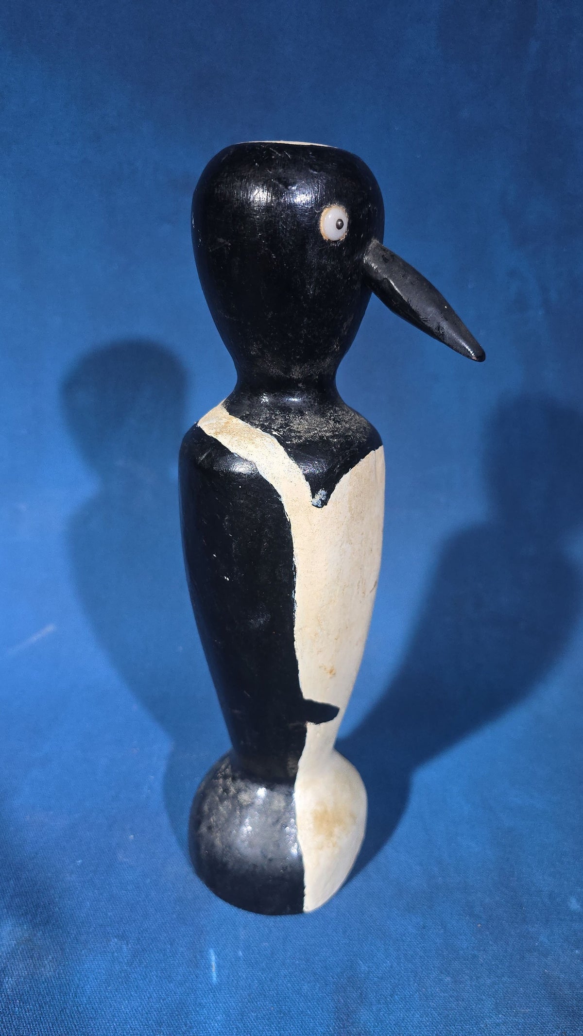 Vintage Folk Art Hand-Carved Wooden Penguin Figure with Tack Eyes
