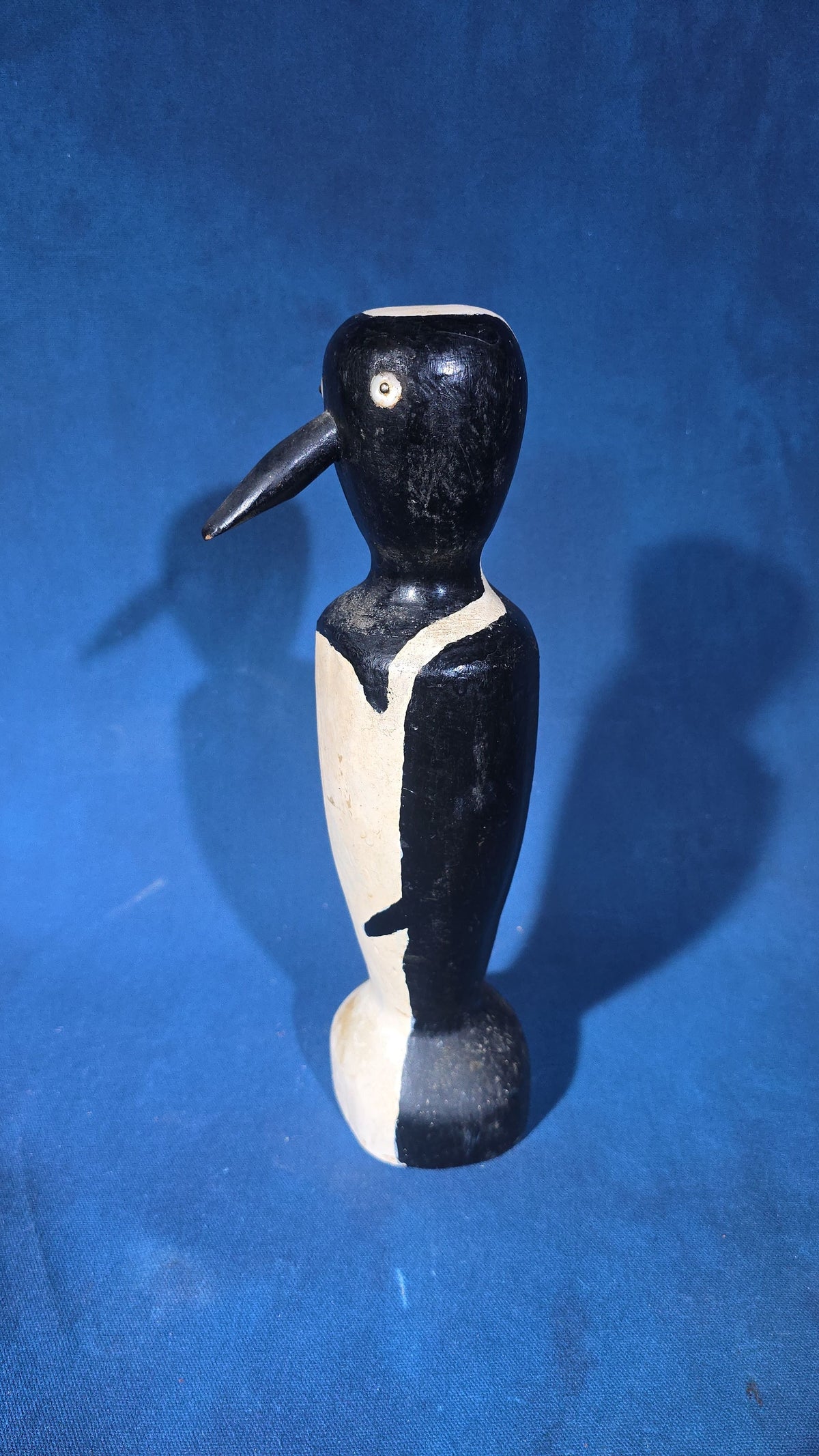 Vintage Folk Art Hand-Carved Wooden Penguin Figure with Tack Eyes
