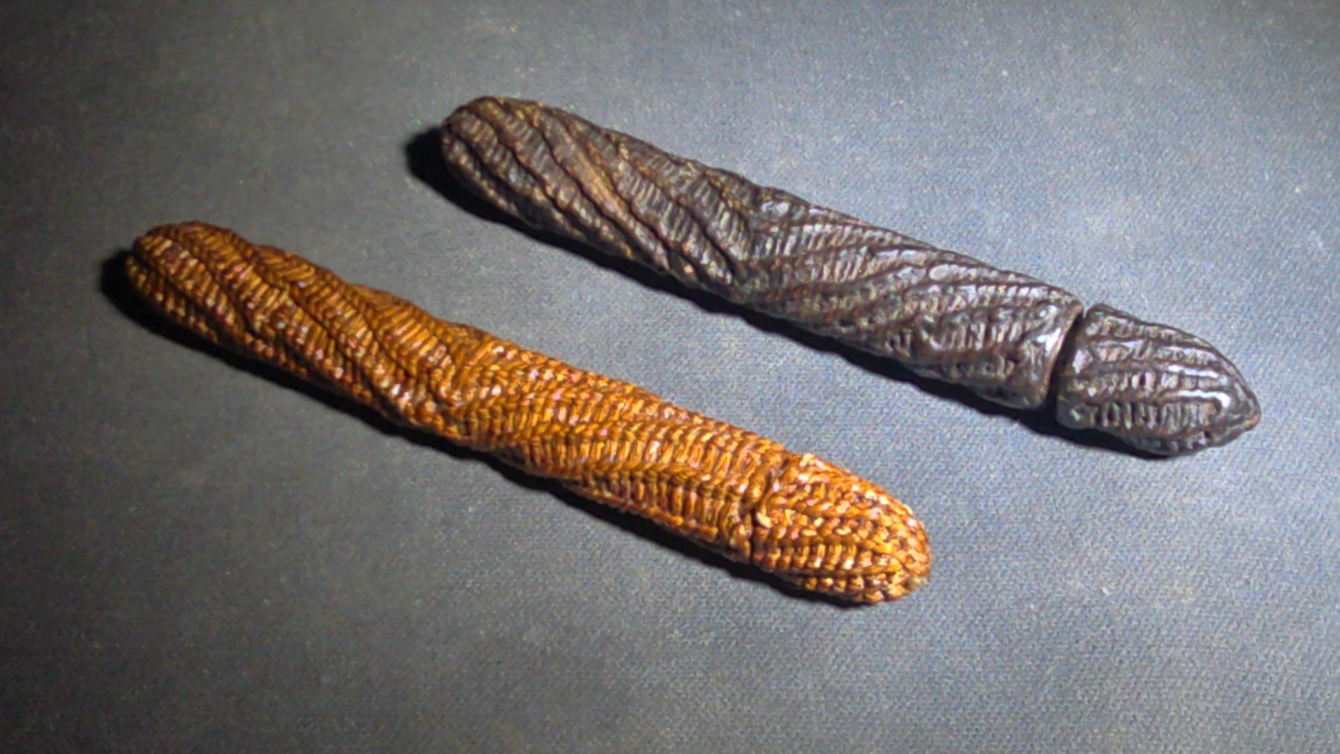 Pair of Antique Woven Needle Cases with Removable Caps, One Containing Sewing Needles
