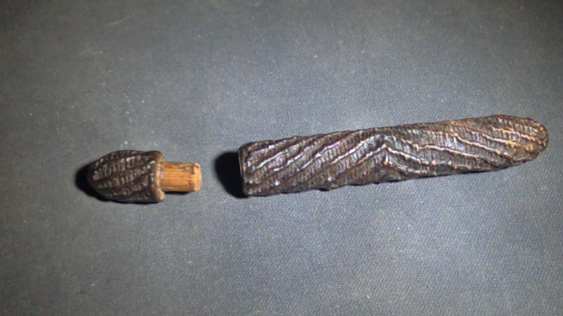 Pair of Antique Woven Needle Cases with Removable Caps, One Containing Sewing Needles
