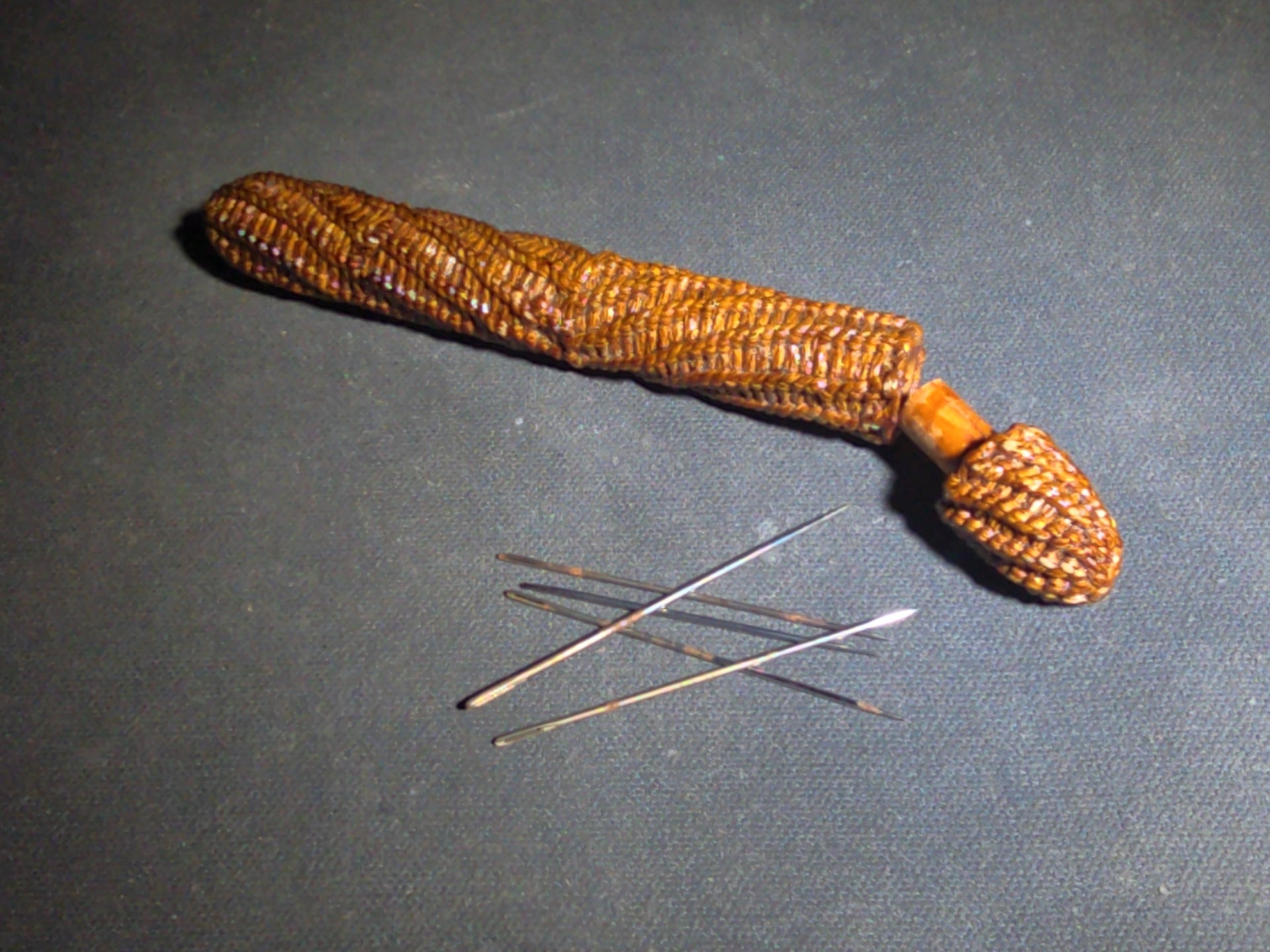 Pair of Antique Woven Needle Cases with Removable Caps, One Containing Sewing Needles