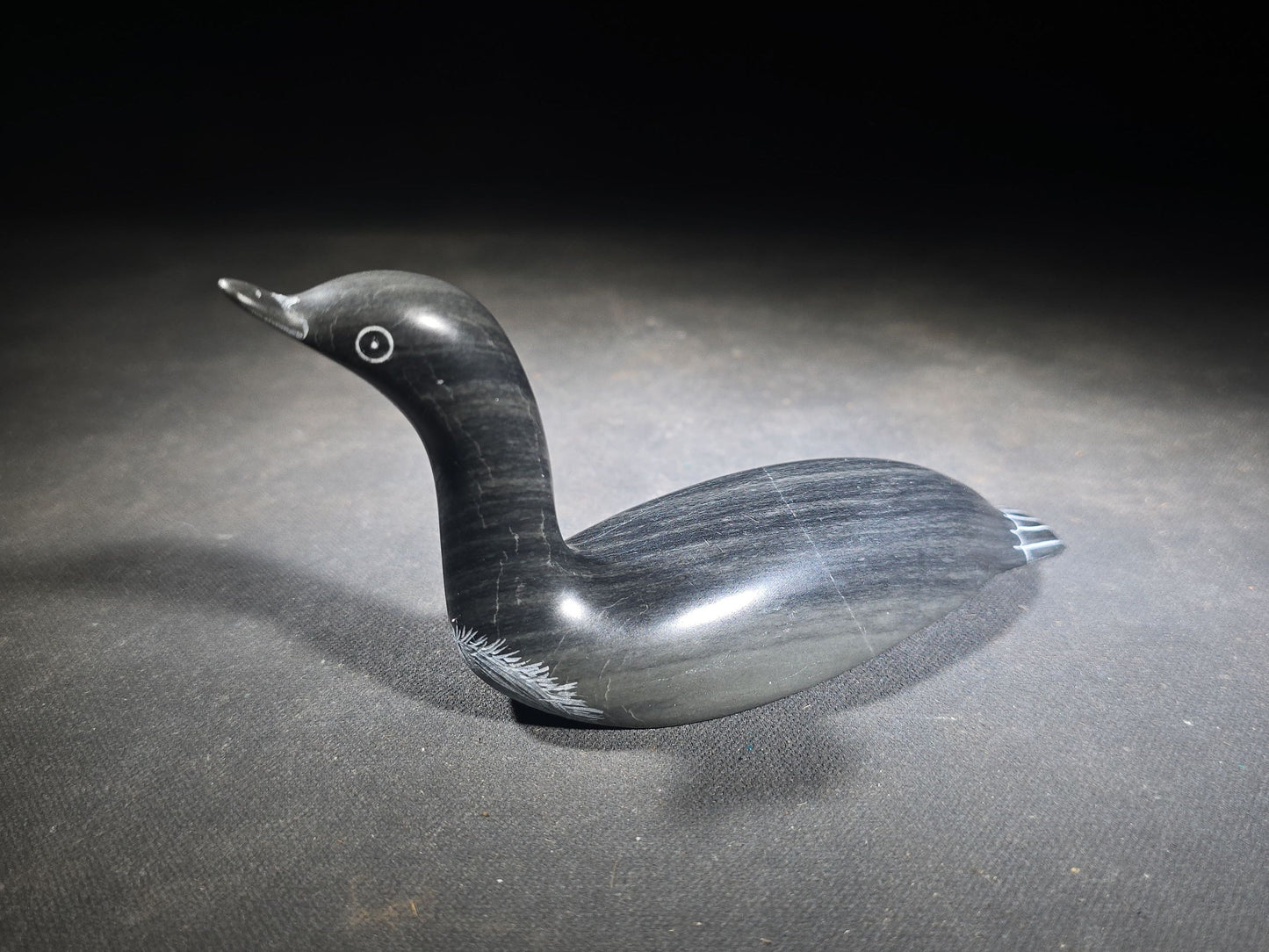 Vintage Inuit Carved Stone Loon Figure by Paul Cookie, Sanikiluaq, Nunavut, Canada, 1999