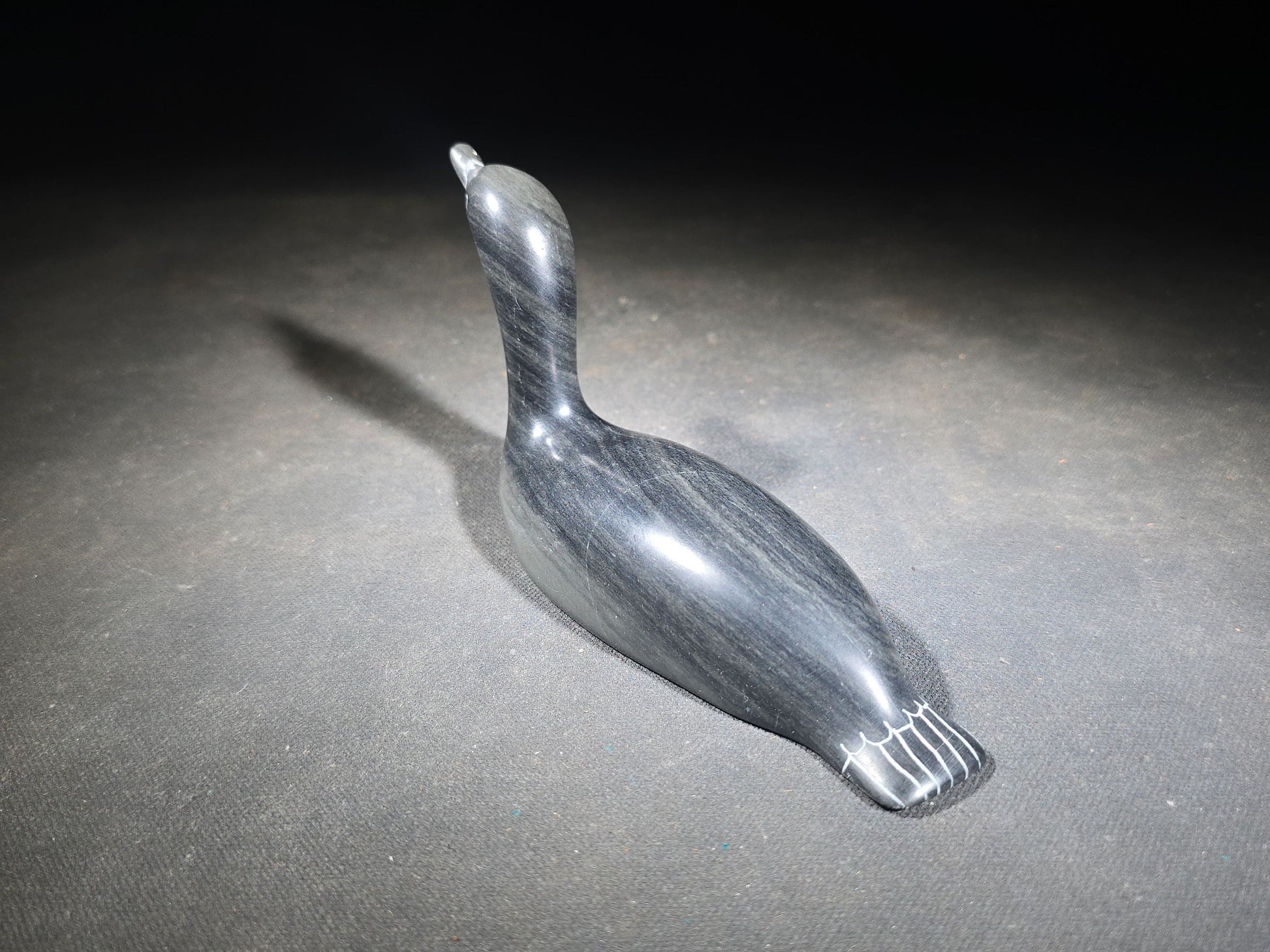 Vintage Inuit Carved Stone Loon Figure by Paul Cookie, Sanikiluaq, Nunavut, Canada, 1999