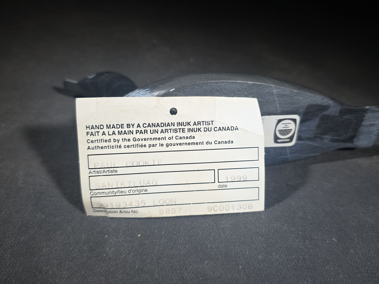 Vintage Inuit Carved Stone Loon Figure by Paul Cookie, Sanikiluaq, Nunavut, Canada, 1999