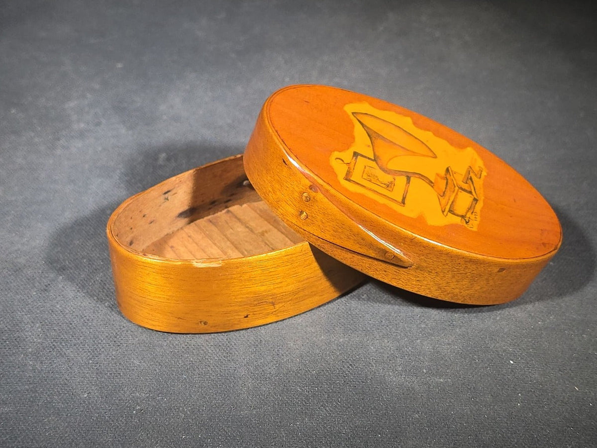 Vintage Oval Bentwood Box with Decoupage Gramophone and Framed Picture Lid Design, Dated 1977