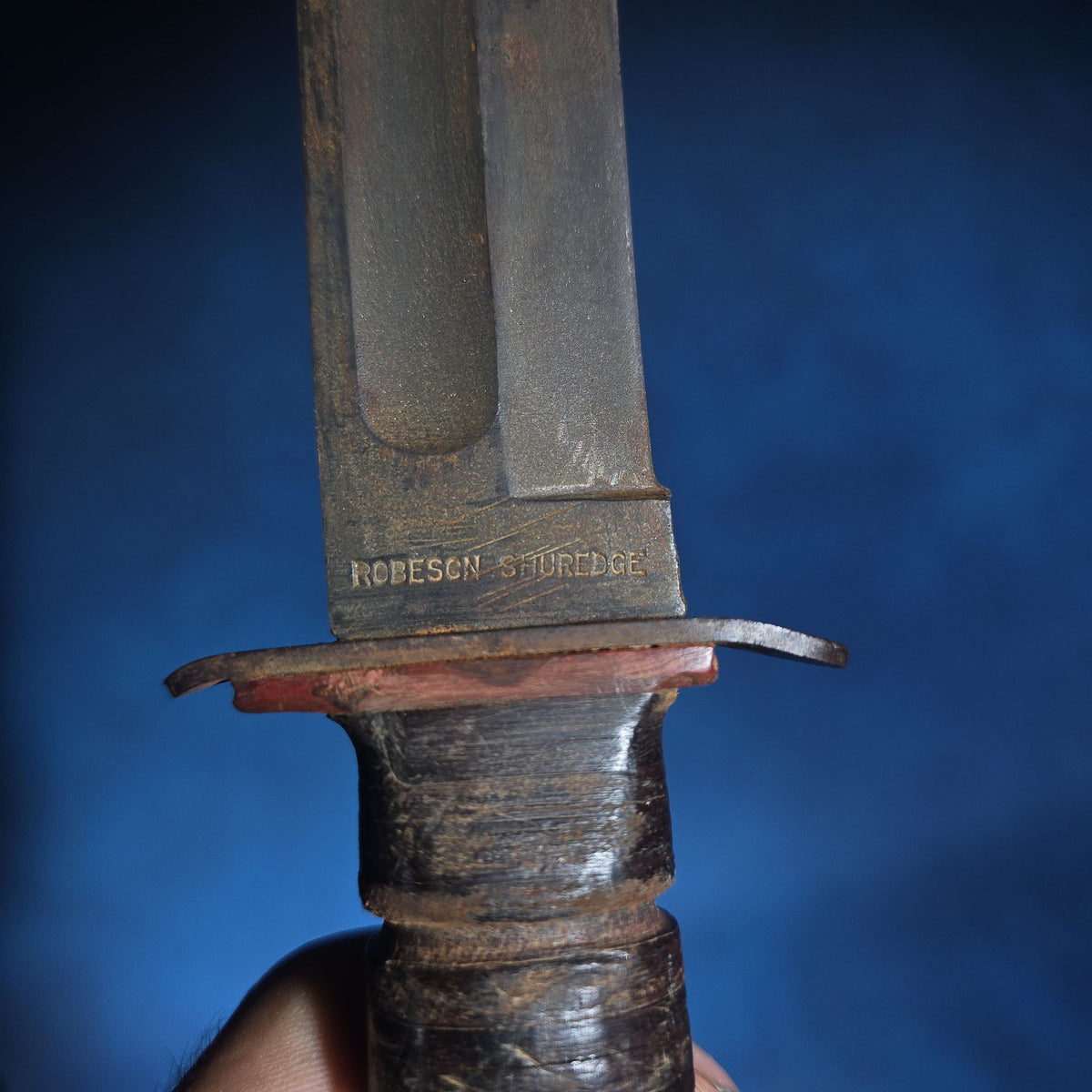 Pair of Vintage WWII U.S.N. Mark 1 Combat Knives with Leather Sheaths, Manufactured by Camillus and Robeson ShurEdge