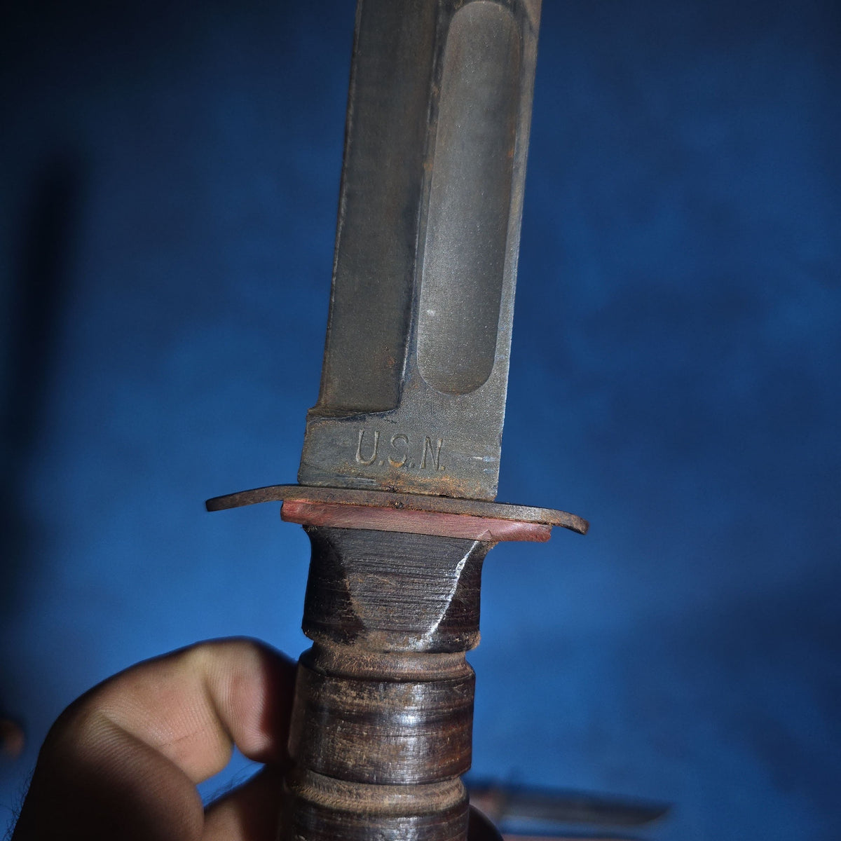 Pair of Vintage WWII U.S.N. Mark 1 Combat Knives with Leather Sheaths, Manufactured by Camillus and Robeson ShurEdge