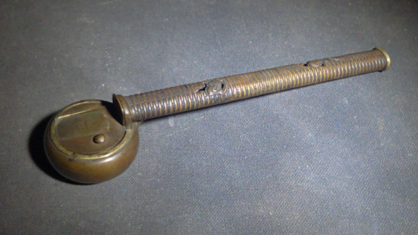 Antique Japanese Bronze Yatate Portable Writing Set with Rat-Design Inkpot, Hinged Lid, and Kogatana Knife