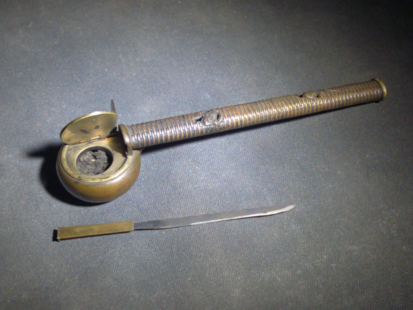 Antique Japanese Bronze Yatate Portable Writing Set with Rat-Design Inkpot, Hinged Lid, and Kogatana Knife