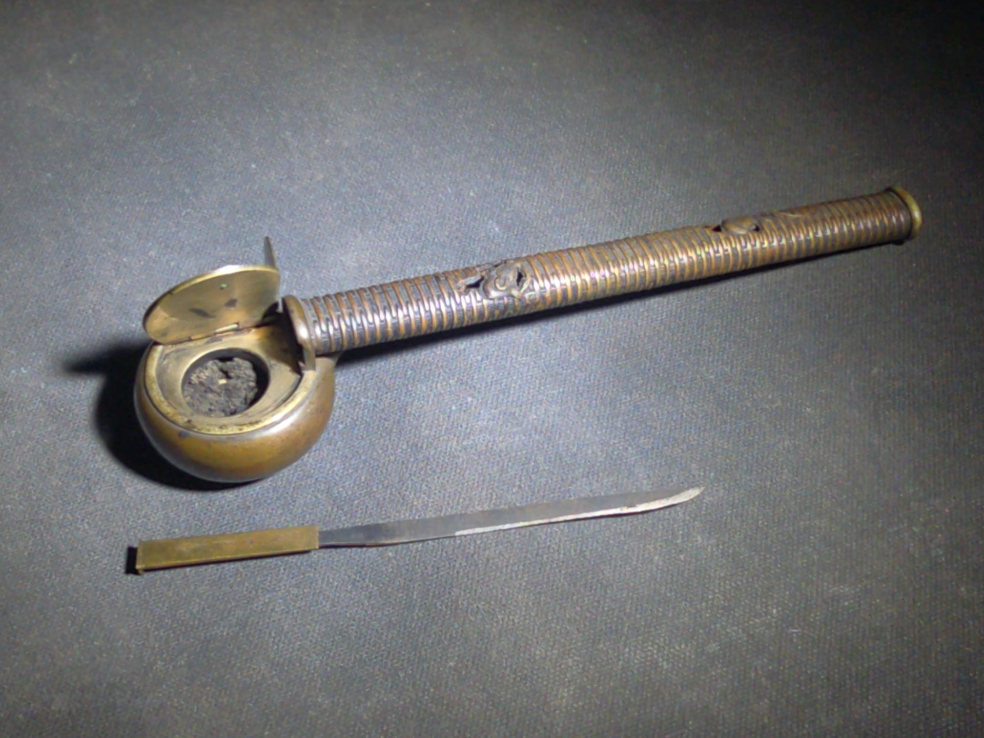 Antique Japanese Bronze Yatate Portable Writing Set with Rat-Design Inkpot, Hinged Lid, and Kogatana Knife