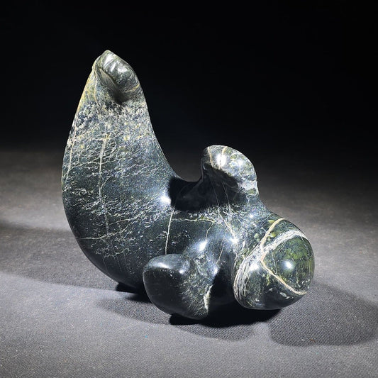 Vintage Inuit Carved Stone Seal Sculpture by Jose Adamie Tulugak, Inoucdjouac, 1977, with Canadian Eskimo Art Certification Tag