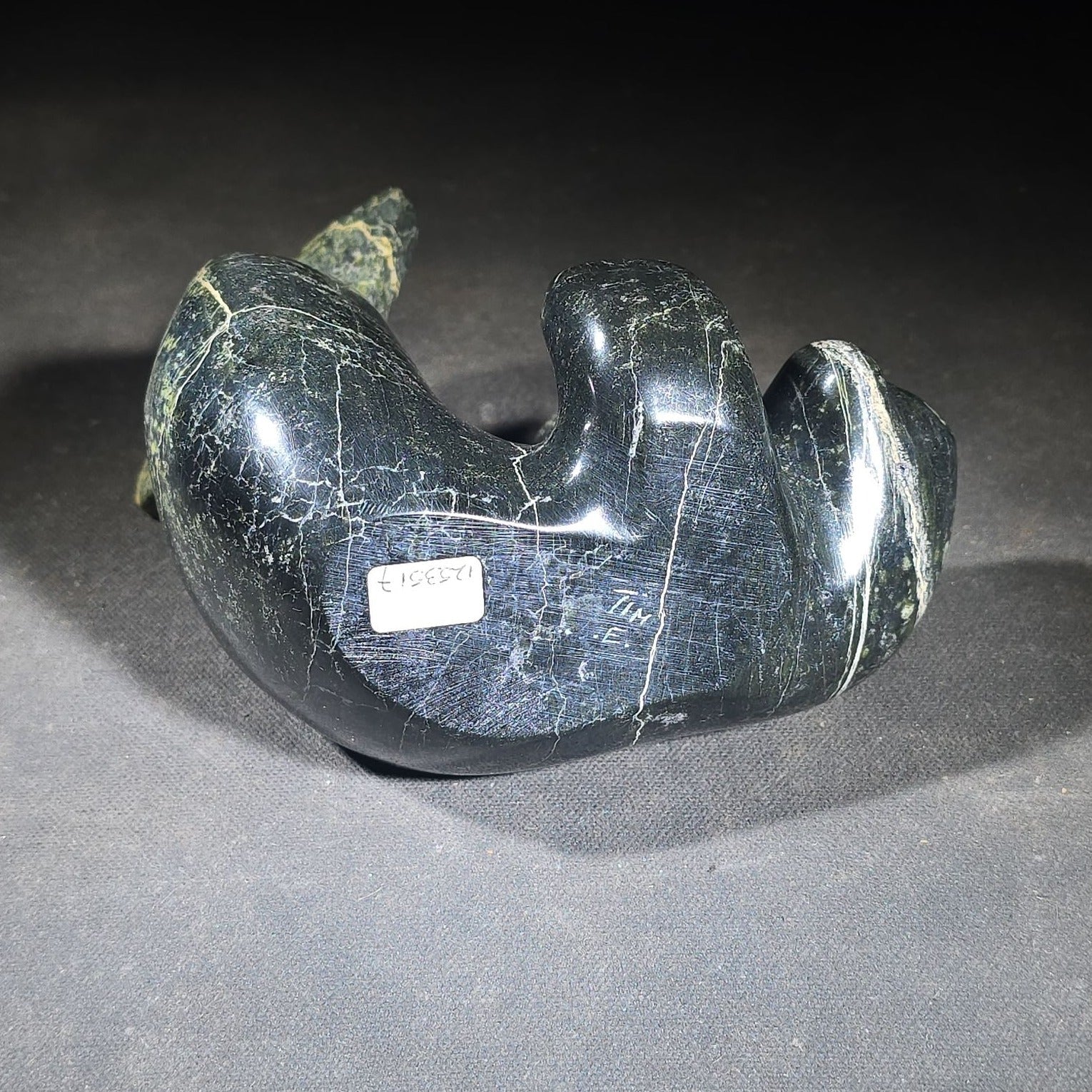 Vintage Inuit Carved Stone Seal Sculpture by Jose Adamie Tulugak, Inoucdjouac, 1977, with Canadian Eskimo Art Certification Tag