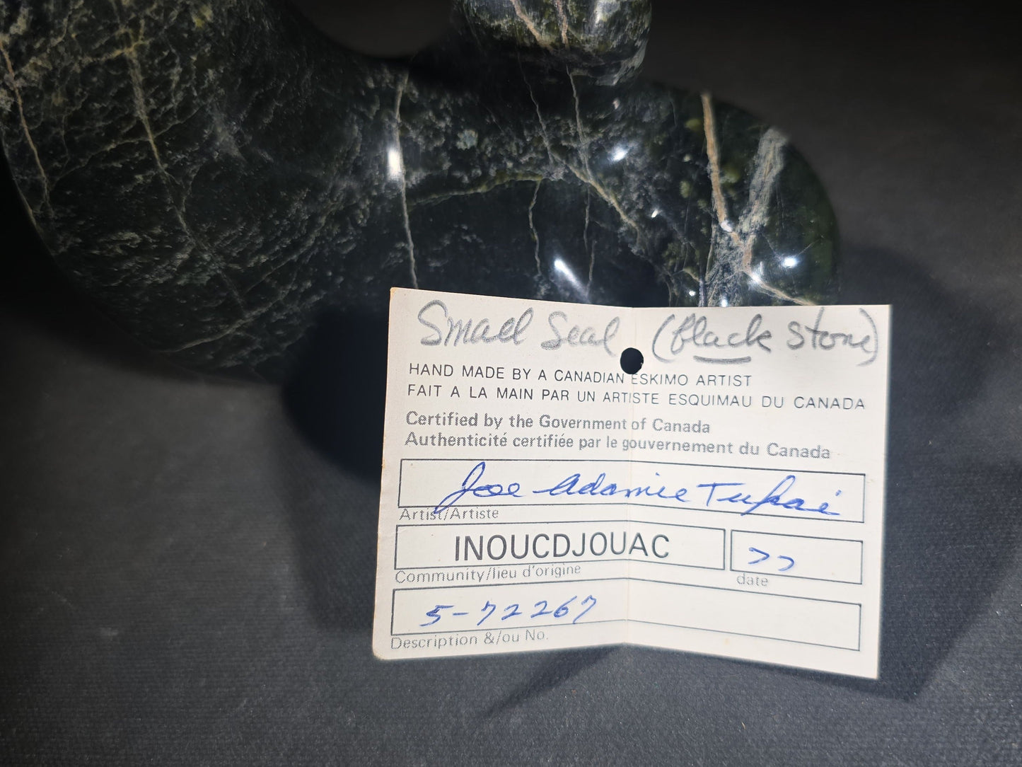 Vintage Inuit Carved Stone Seal Sculpture by Jose Adamie Tulugak, Inoucdjouac, 1977, with Canadian Eskimo Art Certification Tag