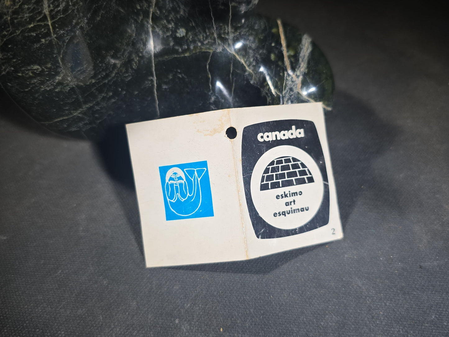 Vintage Inuit Carved Stone Seal Sculpture by Jose Adamie Tulugak, Inoucdjouac, 1977, with Canadian Eskimo Art Certification Tag