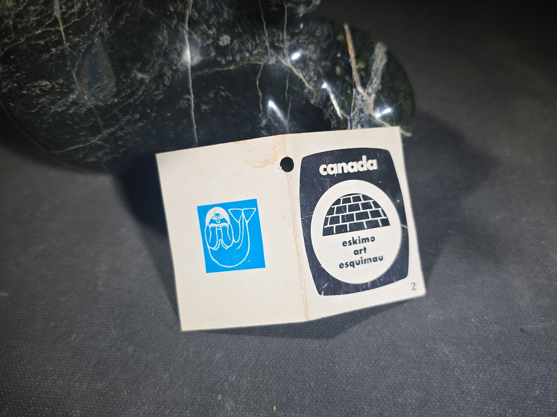 Vintage Inuit Carved Stone Seal Sculpture by Jose Adamie Tulugak, Inoucdjouac, 1977, with Canadian Eskimo Art Certification Tag