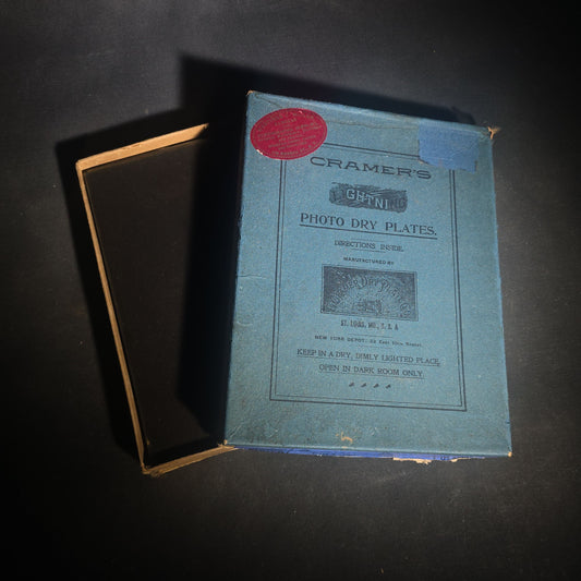 Grouping of 10 Antique Glass Plate Photographic Negatives in Cramer's Lightning Photo Dry Plates Box including Town Street Views, Man with Horse, and Residential Exteriors