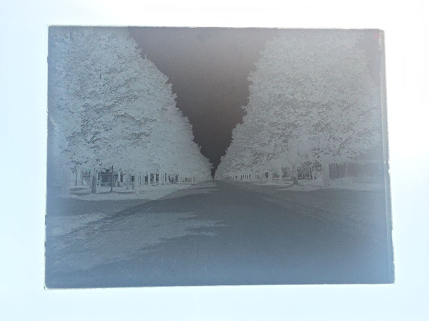 Grouping of 10 Antique Glass Plate Photographic Negatives in Cramer's Lightning Photo Dry Plates Box including Town Street Views, Man with Horse, and Residential Exteriors