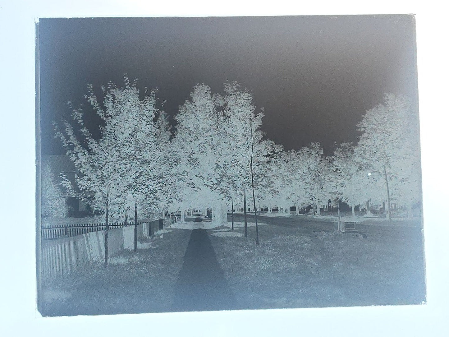 Grouping of 10 Antique Glass Plate Photographic Negatives in Cramer's Lightning Photo Dry Plates Box including Town Street Views, Man with Horse, and Residential Exteriors