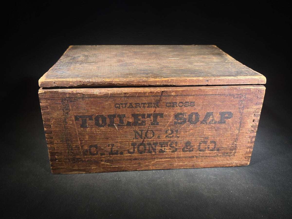 Antique Wooden Advertising Shipping Box for Quarter Gross Toilet Soap No. 21, C.L. Jones & Co., with Stenciled Lettering and Dovetail Joinery