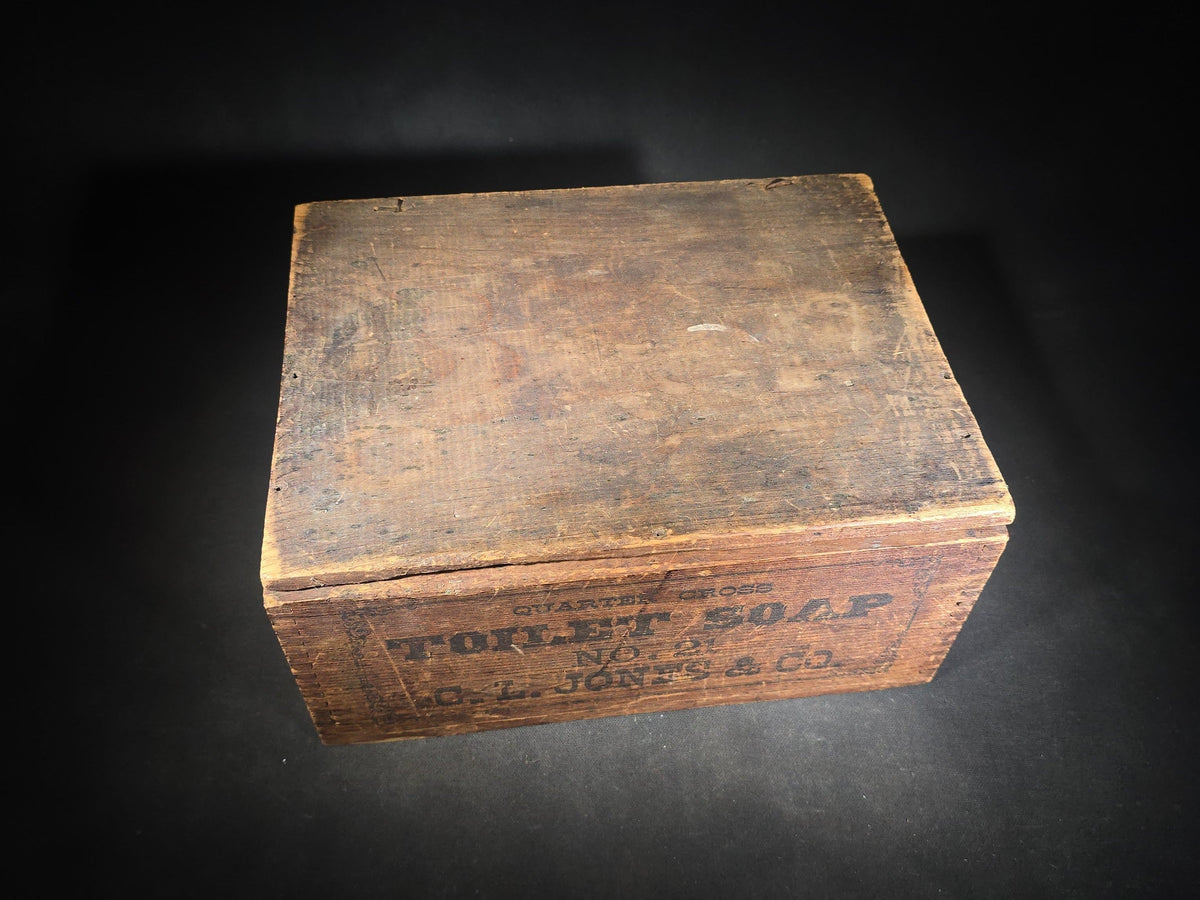Antique Wooden Advertising Shipping Box for Quarter Gross Toilet Soap No. 21, C.L. Jones & Co., with Stenciled Lettering and Dovetail Joinery