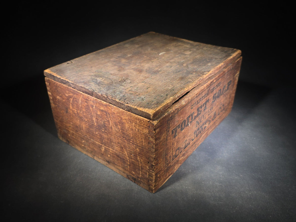 Antique Wooden Advertising Shipping Box for Quarter Gross Toilet Soap No. 21, C.L. Jones & Co., with Stenciled Lettering and Dovetail Joinery