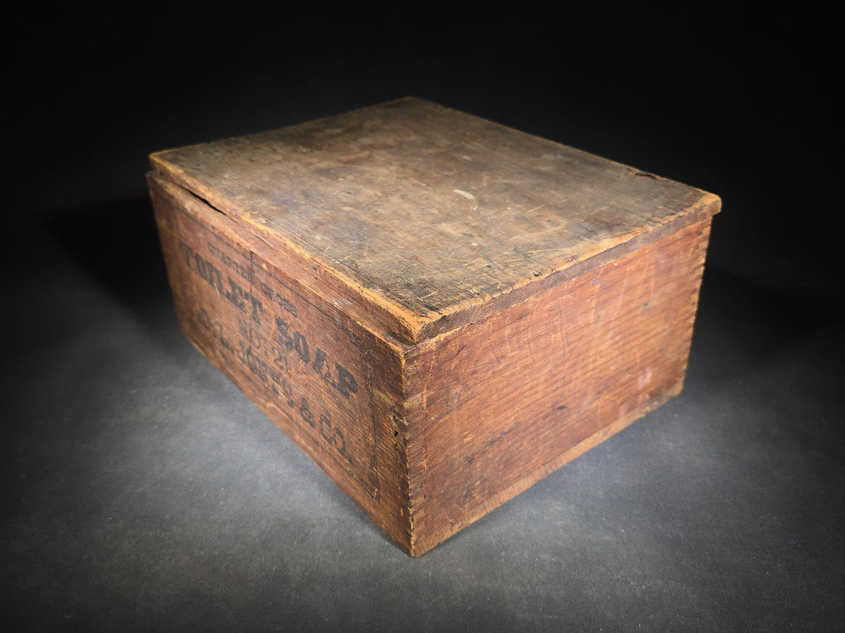 Antique Wooden Advertising Shipping Box for Quarter Gross Toilet Soap No. 21, C.L. Jones & Co., with Stenciled Lettering and Dovetail Joinery