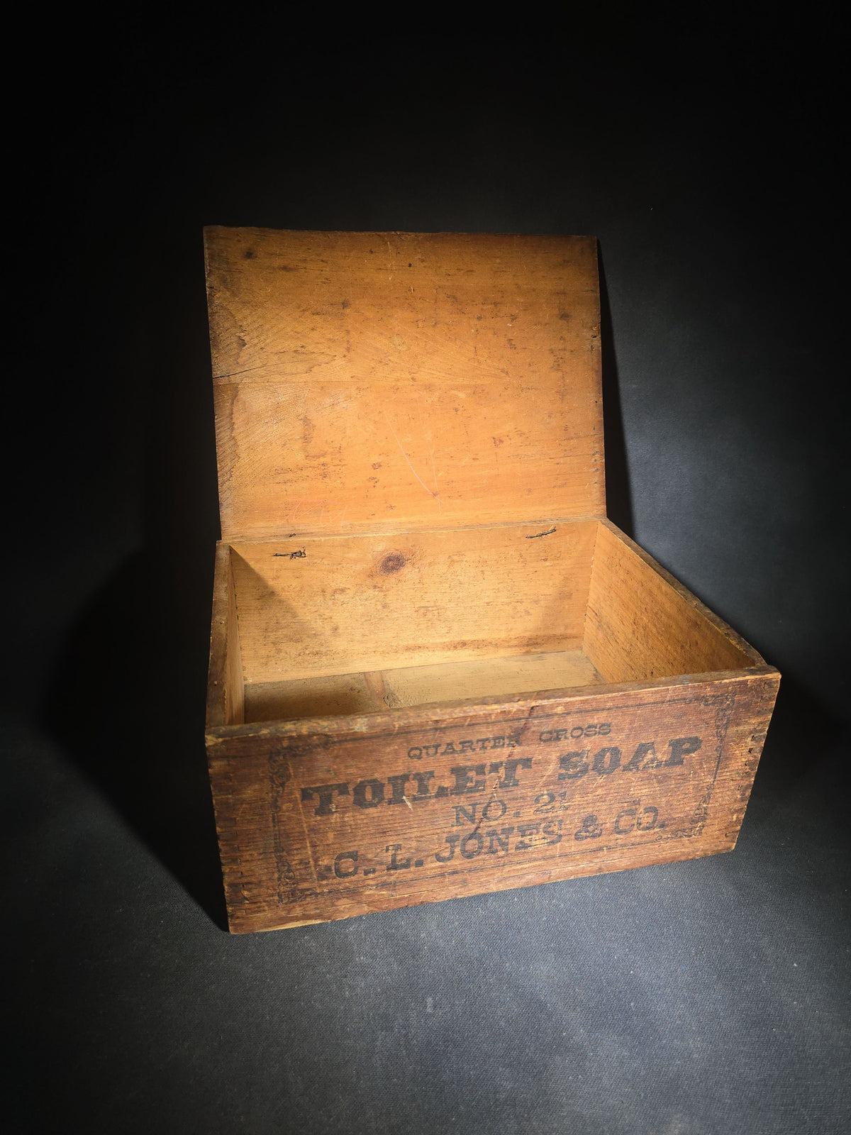 Antique Wooden Advertising Shipping Box for Quarter Gross Toilet Soap No. 21, C.L. Jones & Co., with Stenciled Lettering and Dovetail Joinery