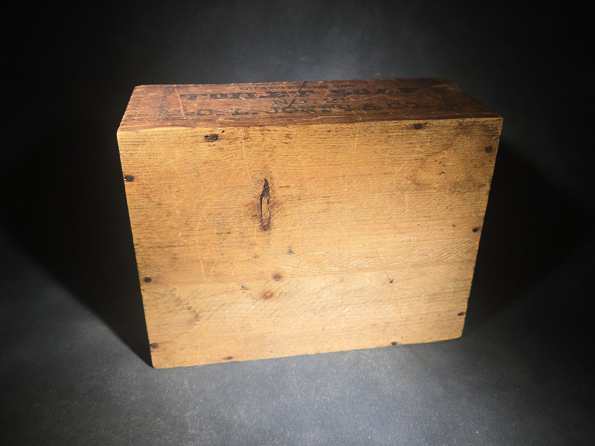 Antique Wooden Advertising Shipping Box for Quarter Gross Toilet Soap No. 21, C.L. Jones & Co., with Stenciled Lettering and Dovetail Joinery