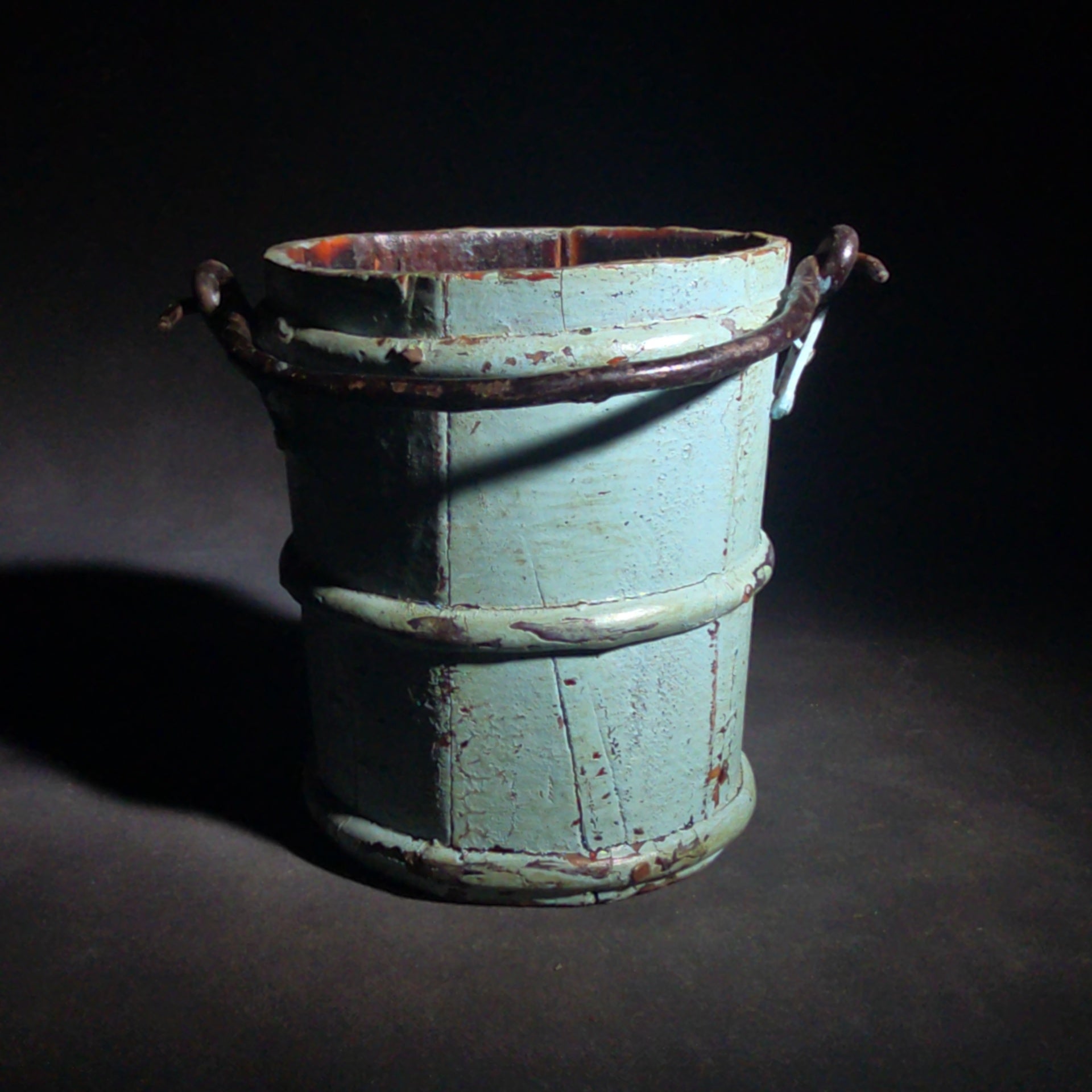 Antique Small Wooden Stave Bucket with Metal Bands and Bail Handle in Blue-Green Paint
