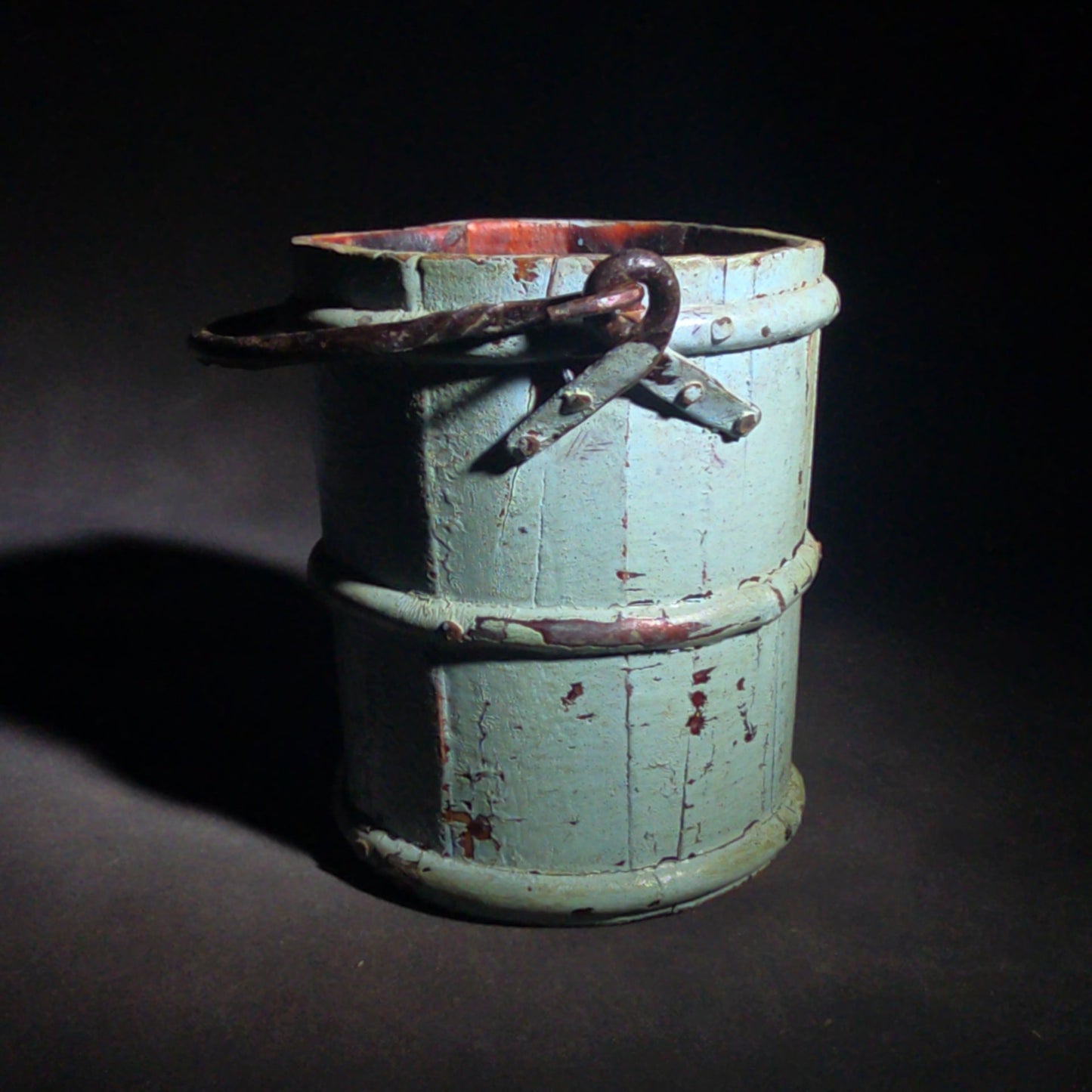 Antique Small Wooden Stave Bucket with Metal Bands and Bail Handle in Blue-Green Paint