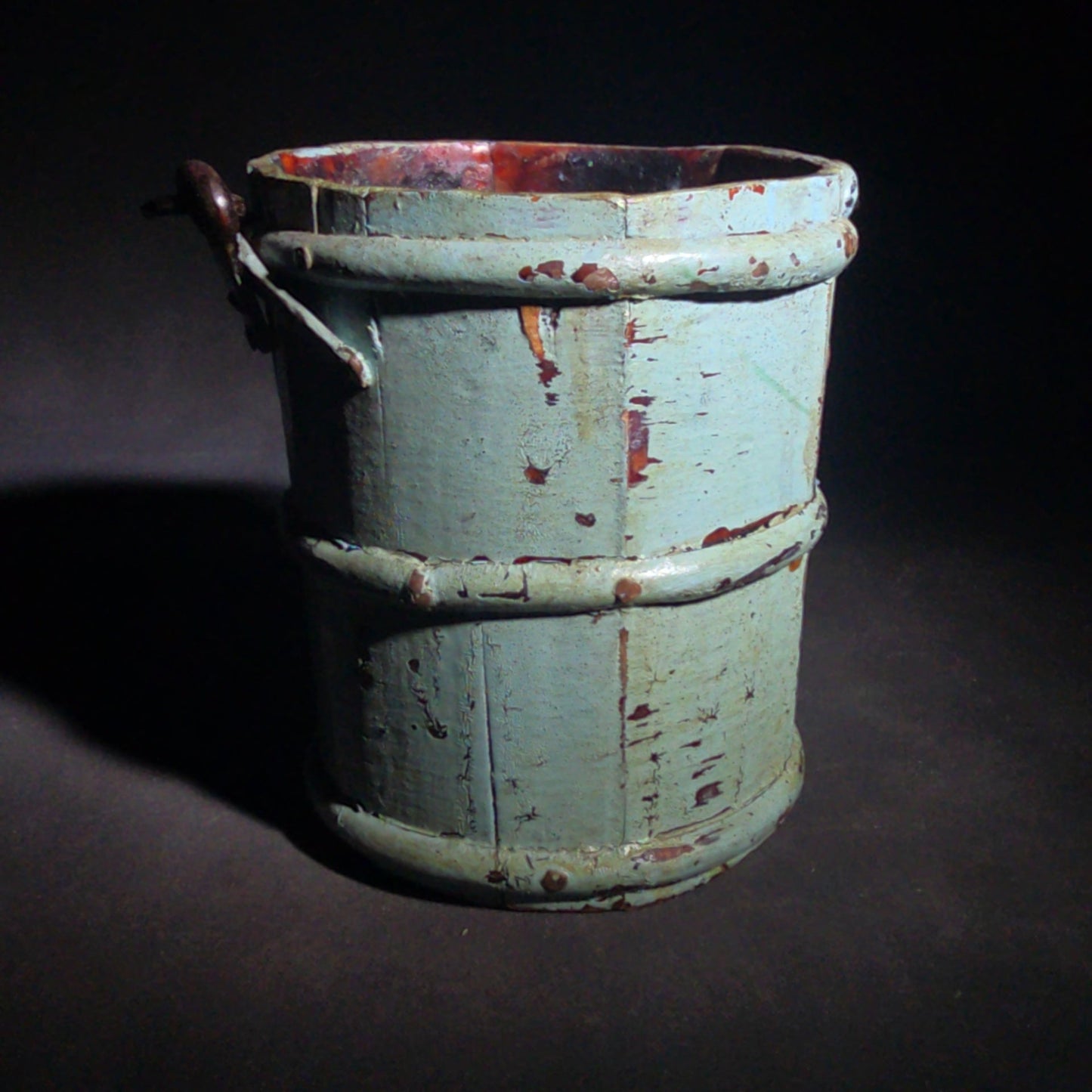 Antique Small Wooden Stave Bucket with Metal Bands and Bail Handle in Blue-Green Paint