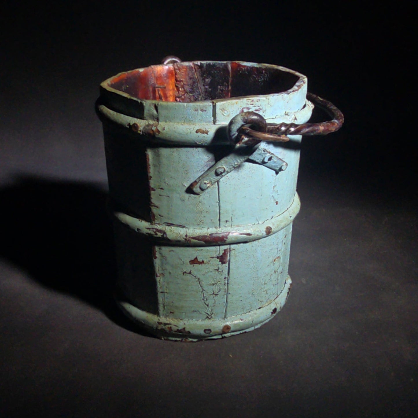 Antique Small Wooden Stave Bucket with Metal Bands and Bail Handle in Blue-Green Paint