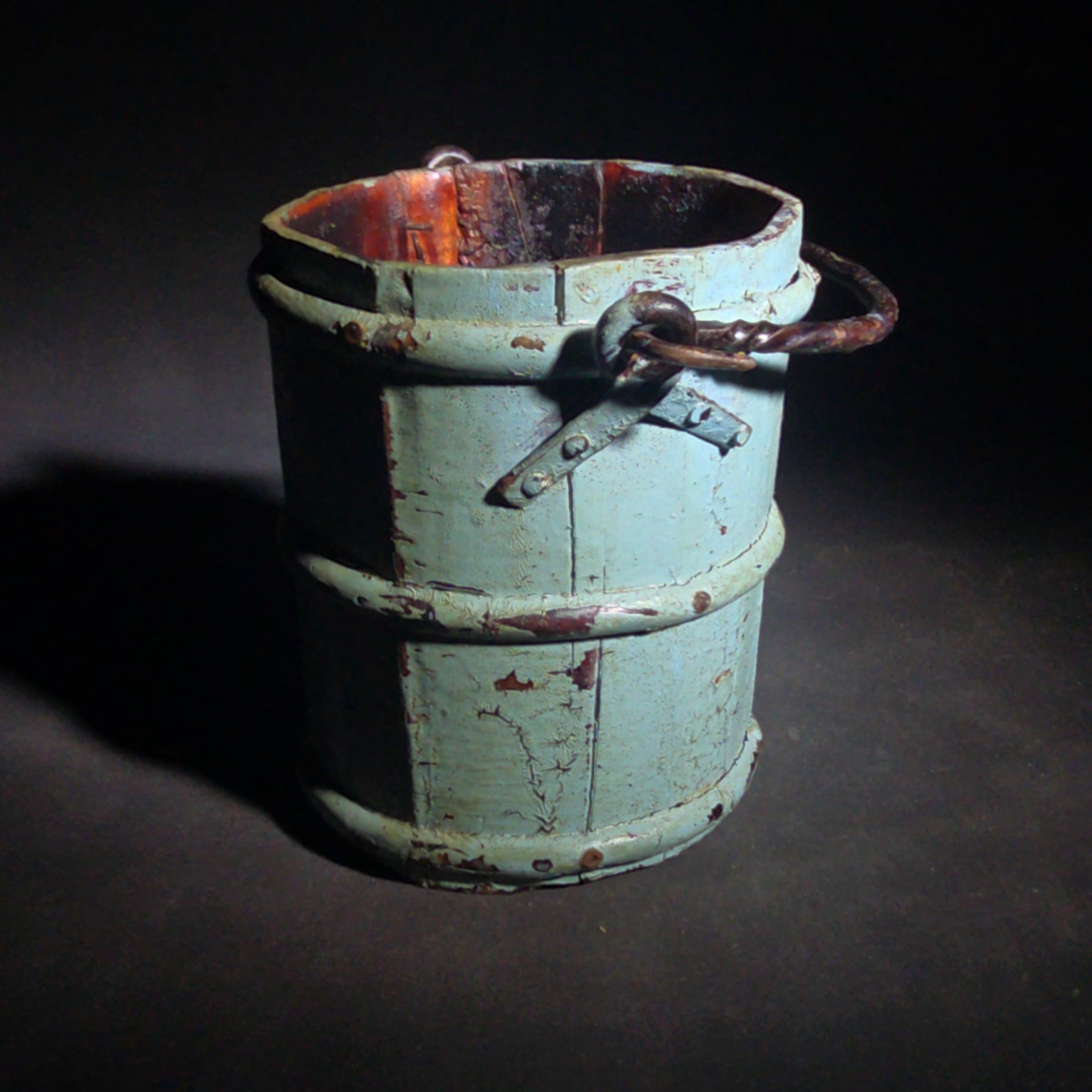 Antique Small Wooden Stave Bucket with Metal Bands and Bail Handle in Blue-Green Paint