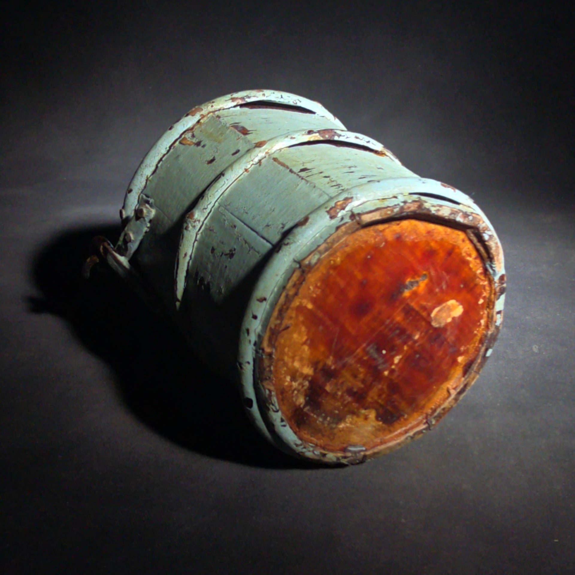 Antique Small Wooden Stave Bucket with Metal Bands and Bail Handle in Blue-Green Paint