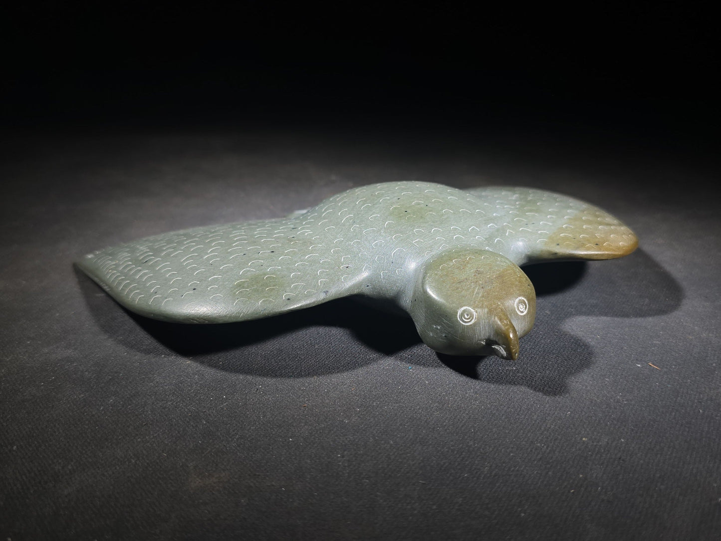 Vintage Carved Stone Bird in Flight with Incised Feather Detail, From an Inuit Art Collection