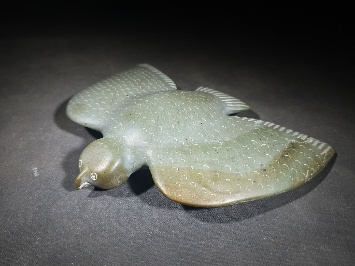 Vintage Carved Stone Bird in Flight with Incised Feather Detail, From an Inuit Art Collection