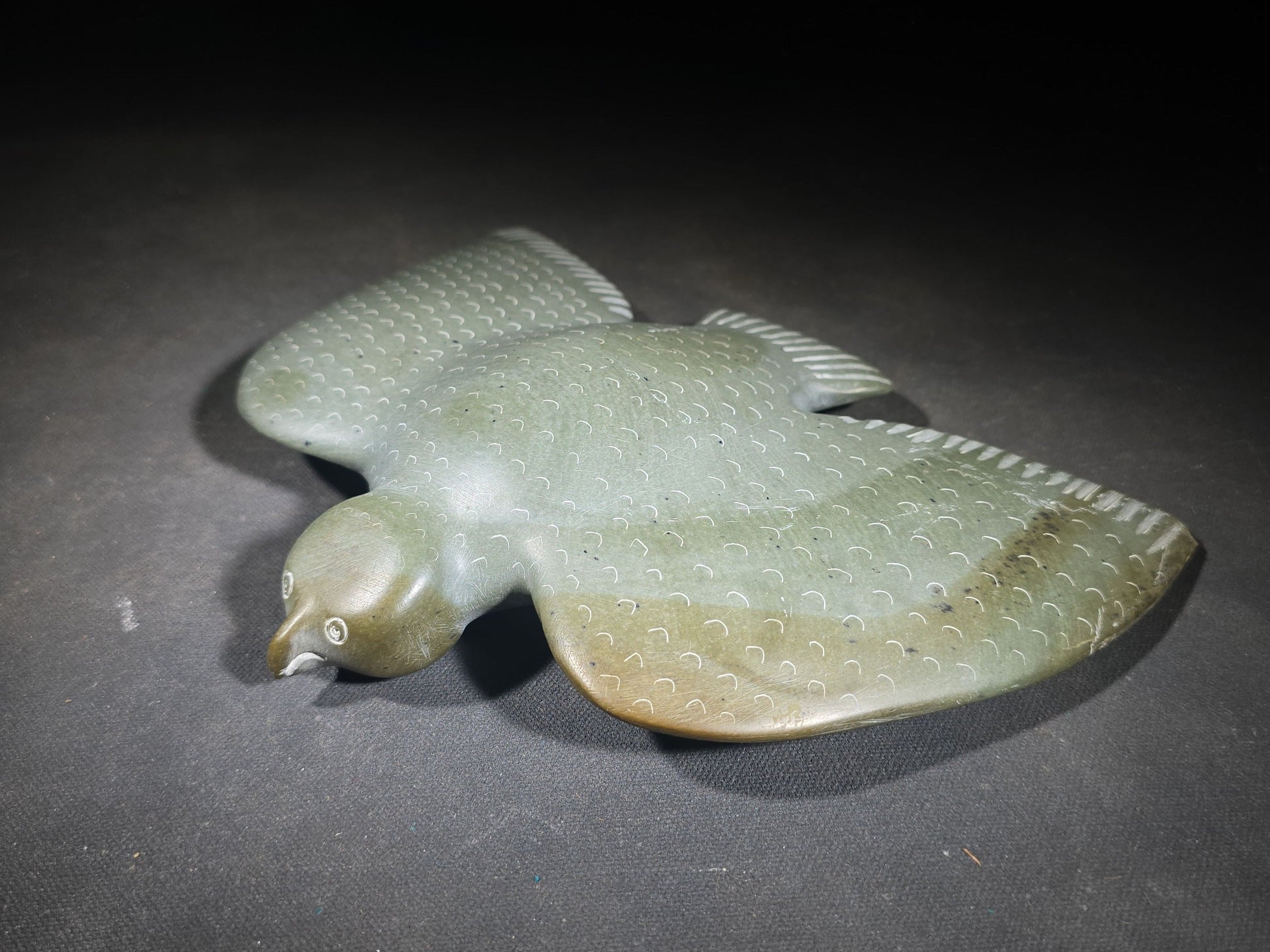 Vintage Carved Stone Bird in Flight with Incised Feather Detail, From an Inuit Art Collection