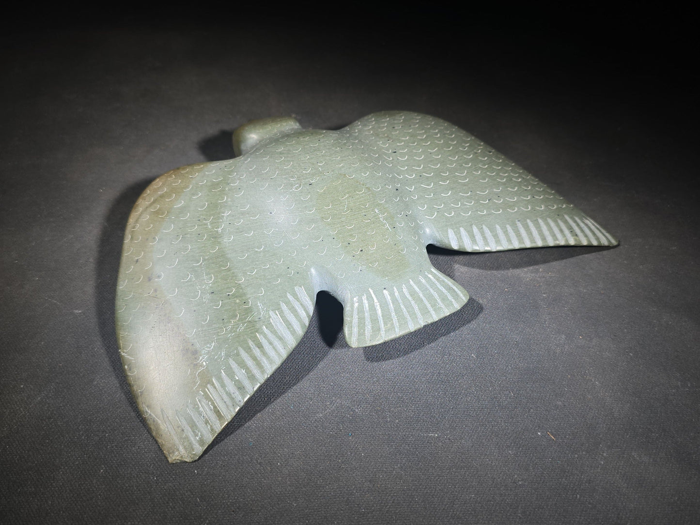 Vintage Carved Stone Bird in Flight with Incised Feather Detail, From an Inuit Art Collection