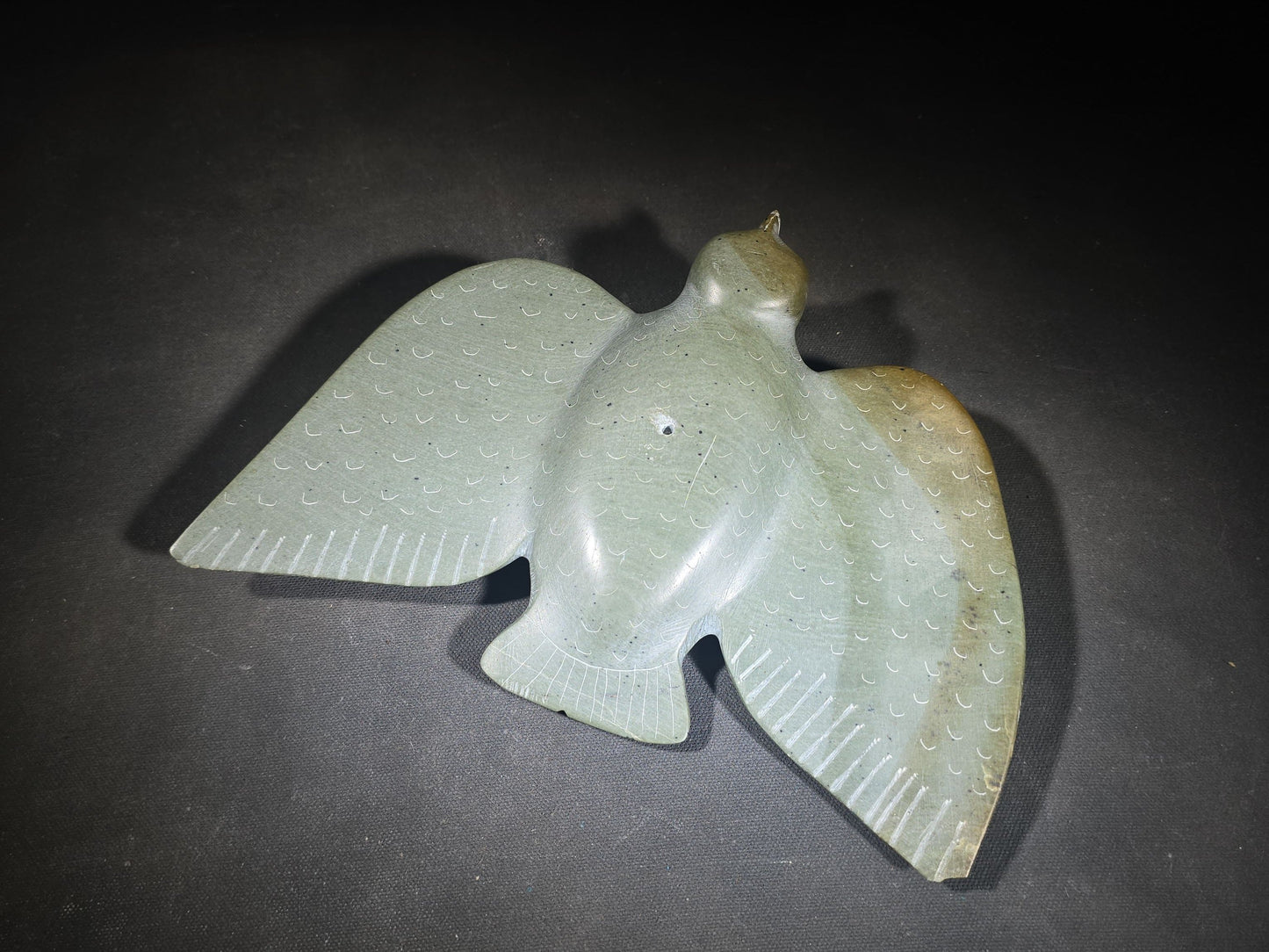 Vintage Carved Stone Bird in Flight with Incised Feather Detail, From an Inuit Art Collection